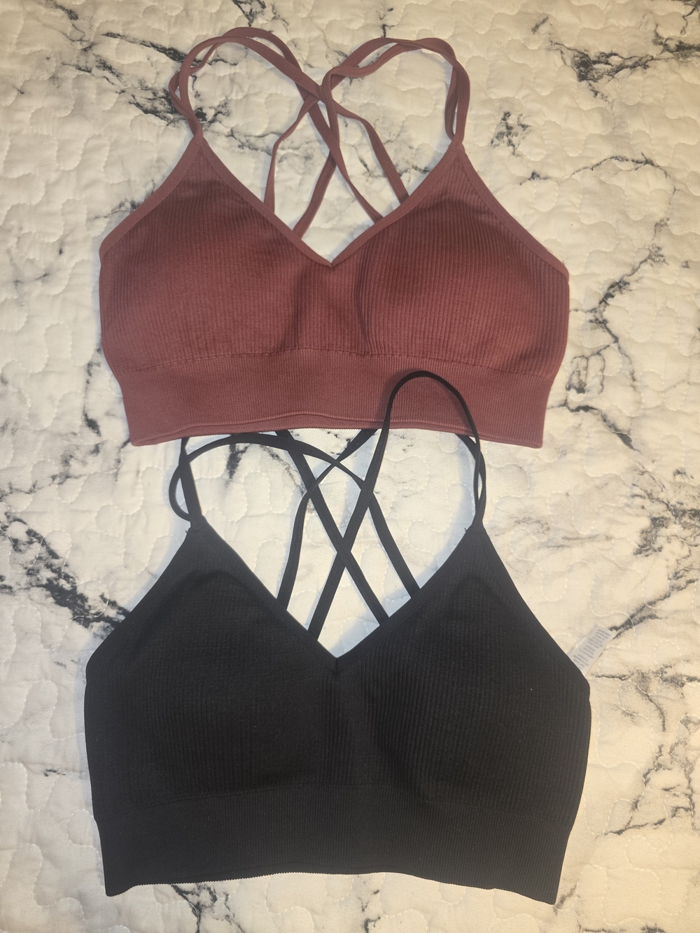 Aerie Ribbed Cross-Back Bralettes - Mauve and Black